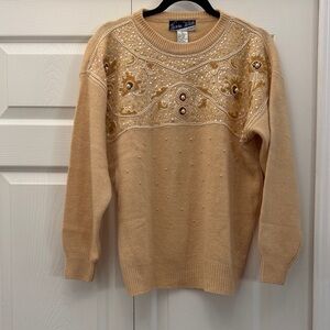 Vintage Vanna White Elegant Women's Warm Yellow Sweater with Embellishments